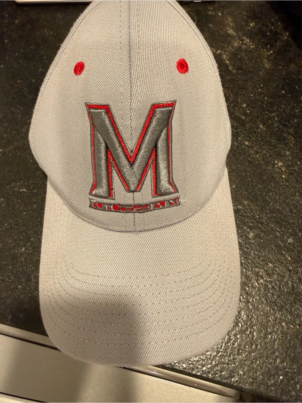 University of Maryland Gray Baseball Cap with Red-Trim 'M' Embroidery